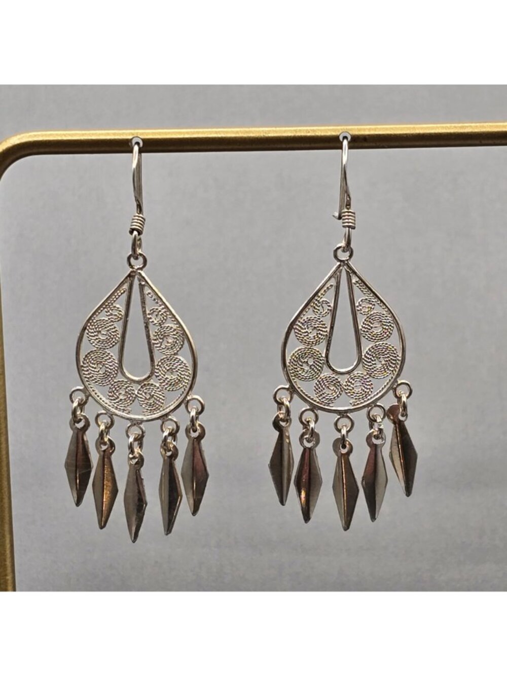 Vintage Sterling Silver Filigree Chandelier Earrings 1.75" Bali Drop Dangle - Picture 2 of 9
